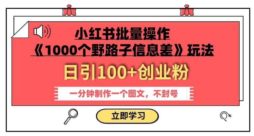 小红书批量操作《1000个野路子信息差》玩法，一分钟制作一个图文，不封号，日引100+创业粉-小齐资源库