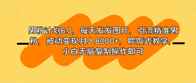 男粉计划6.0，每天发发图片，引流精准男粉，被动变现月入8000+，喂饭式教学，小白无脑复制操作即可-小齐资源库