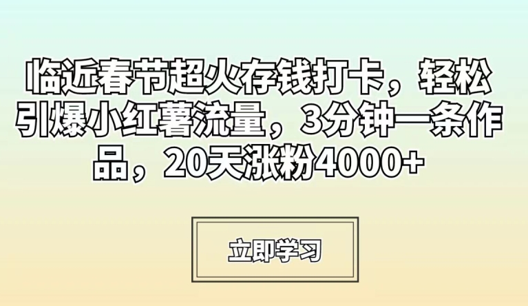 临近春节超火存钱打卡，轻松引爆小红薯流量，3分钟一条作品，20天涨粉4000+【揭秘】-小齐资源库